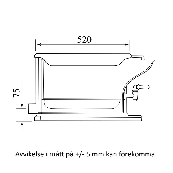 Teknisk skiss av en tvärsnittsvy av ett handfat med kran, visad från sidan, med måttangivelserna 520 och 75 mm. Text: “Avvikelse i mått på +/- 5 mm kan förekomma”.