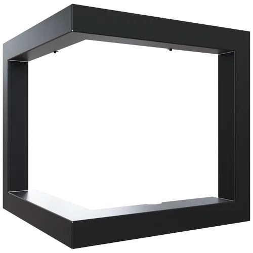 Svart, sexkantig metallram står snett vinklad och bildar en ihålig geometrisk form. Ingen rörelse eller personer syns; objektet är isolerat mot transparent bakgrund och liknar en modern display- eller hyllram.